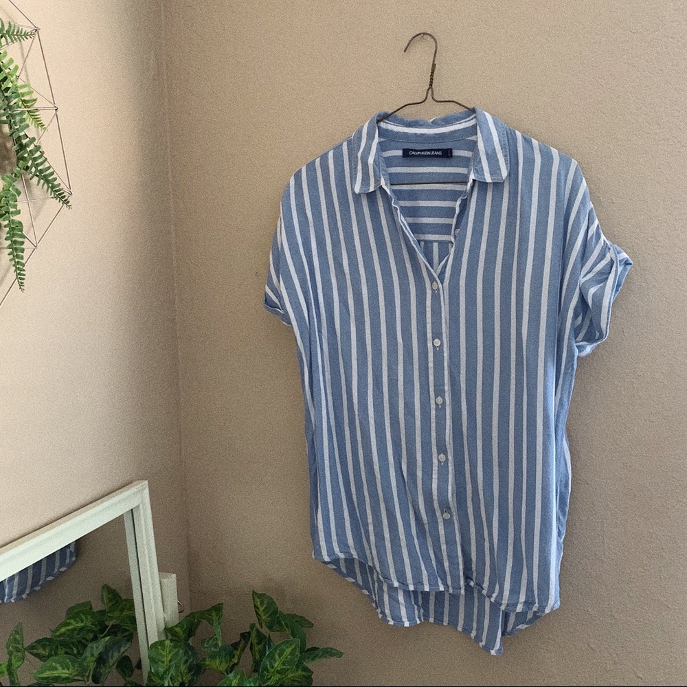 Calvin Klein Blue & White Striped Hi-Low Blouse